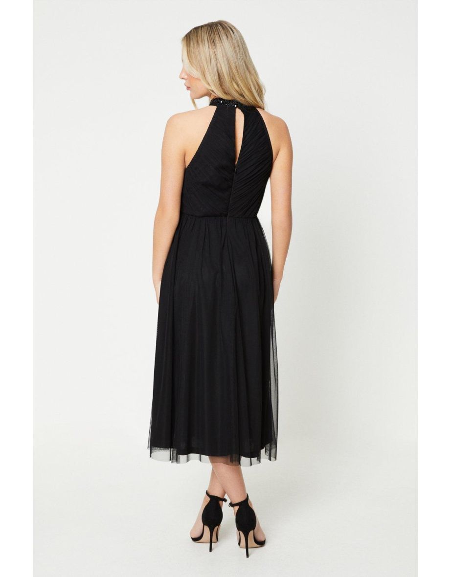 Petite Mesh Embellished Halter Neck Midi Dress - 2