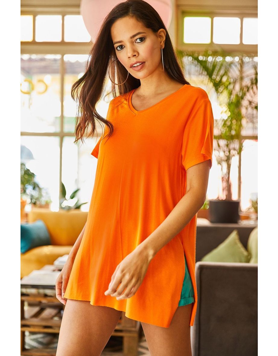 Women's Orange V-Neck Loose Loose T-Shirt with Side Slits