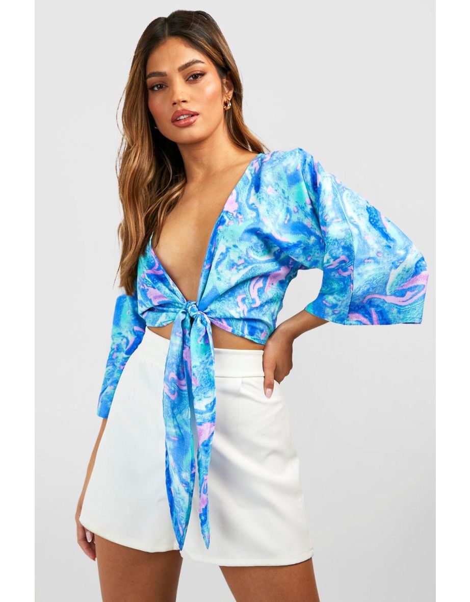 Tie Dye Marble Printed Tie Front Top - blue