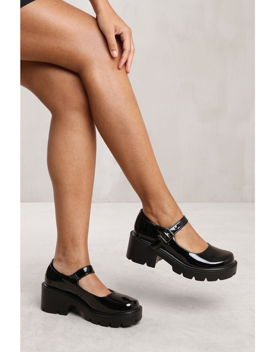 FIONNA CHUNKY PLATFORM BLOCK HEEL RETRO SHOES IN BLACK PATENT - 1
