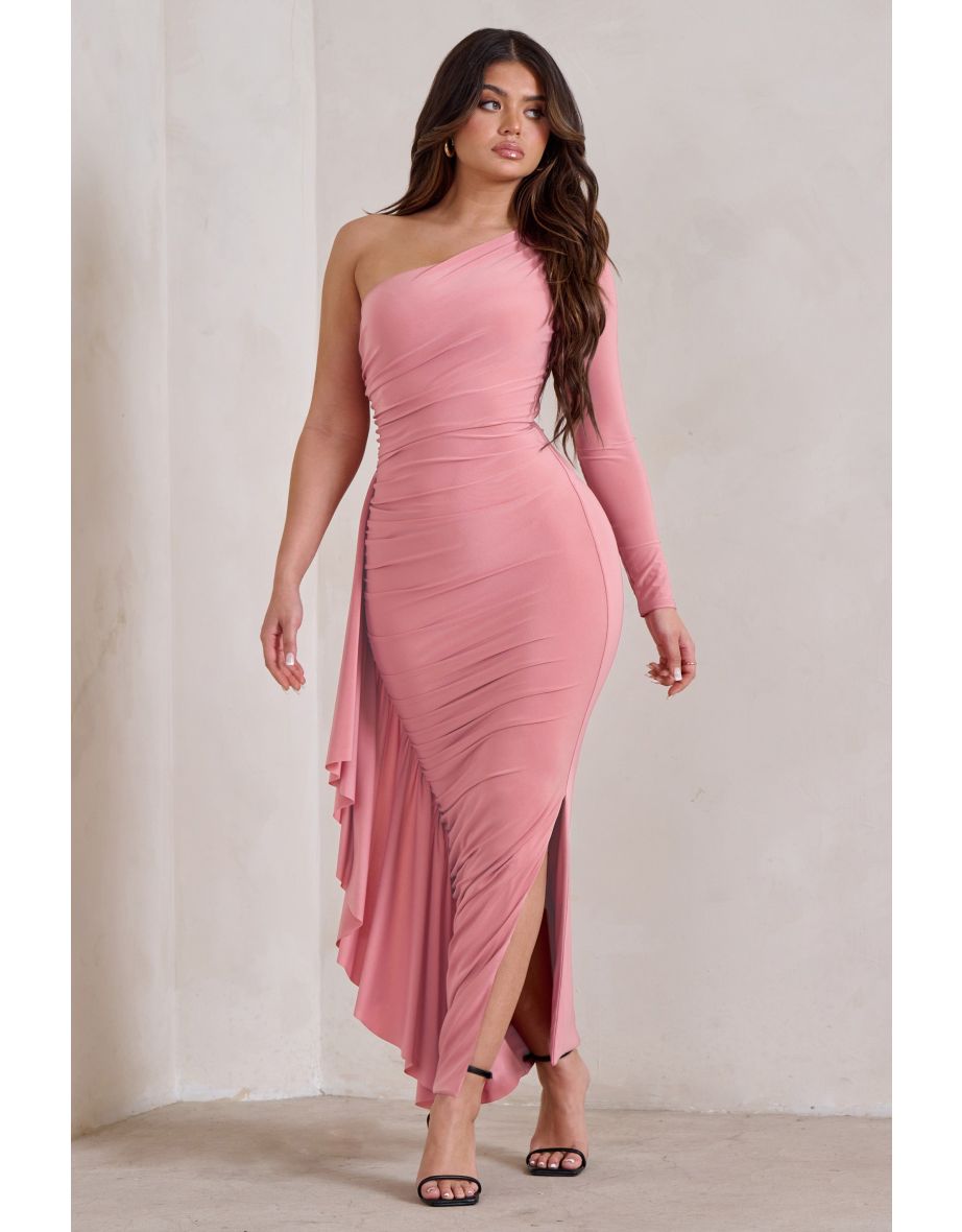 Rose Pink One Shoulder Ruched Side Detail Maxi Dress - 4