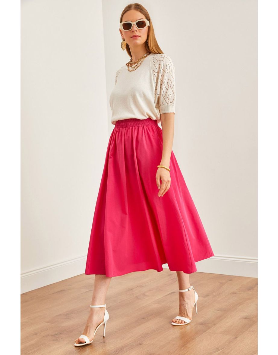 Women's Fuchsia Pocketed Elastic Waist Midi Woven Bell Skirt
