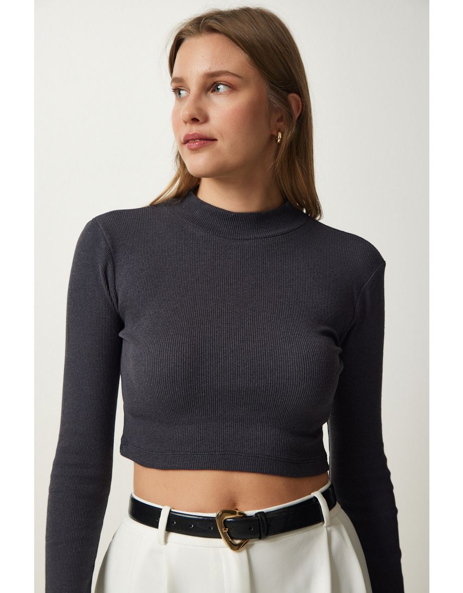 Women's Anthracite Ribbed Turtleneck Crop Knitted Blouse