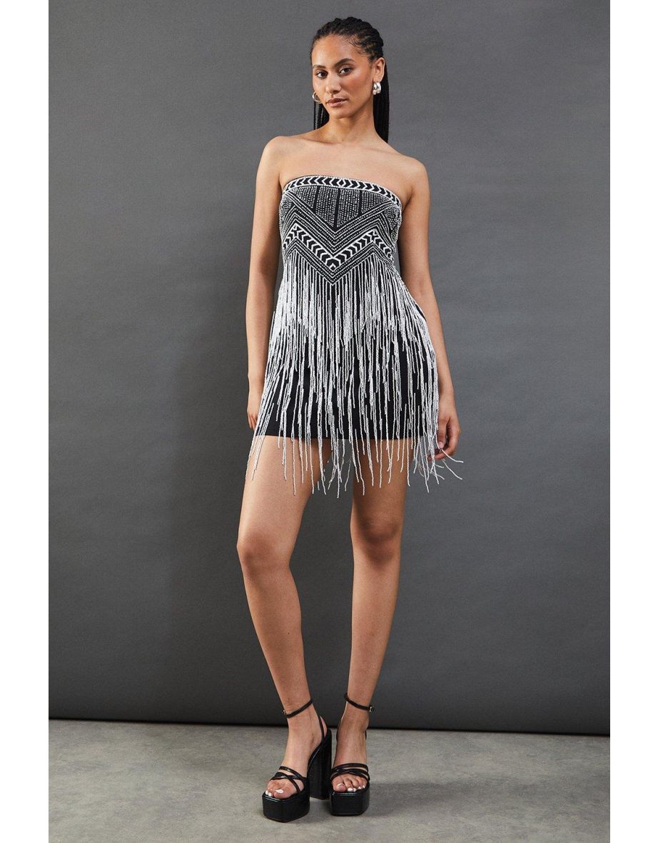 Premium Bead Fringe Embellished Bandeau Mini Dress - 3