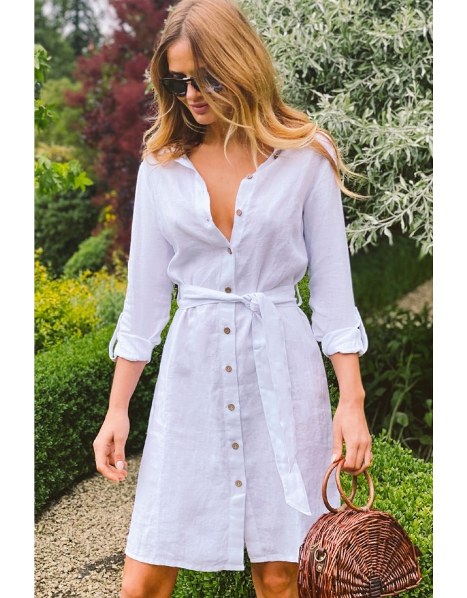 White Linen Belted Shirt Dress - 4