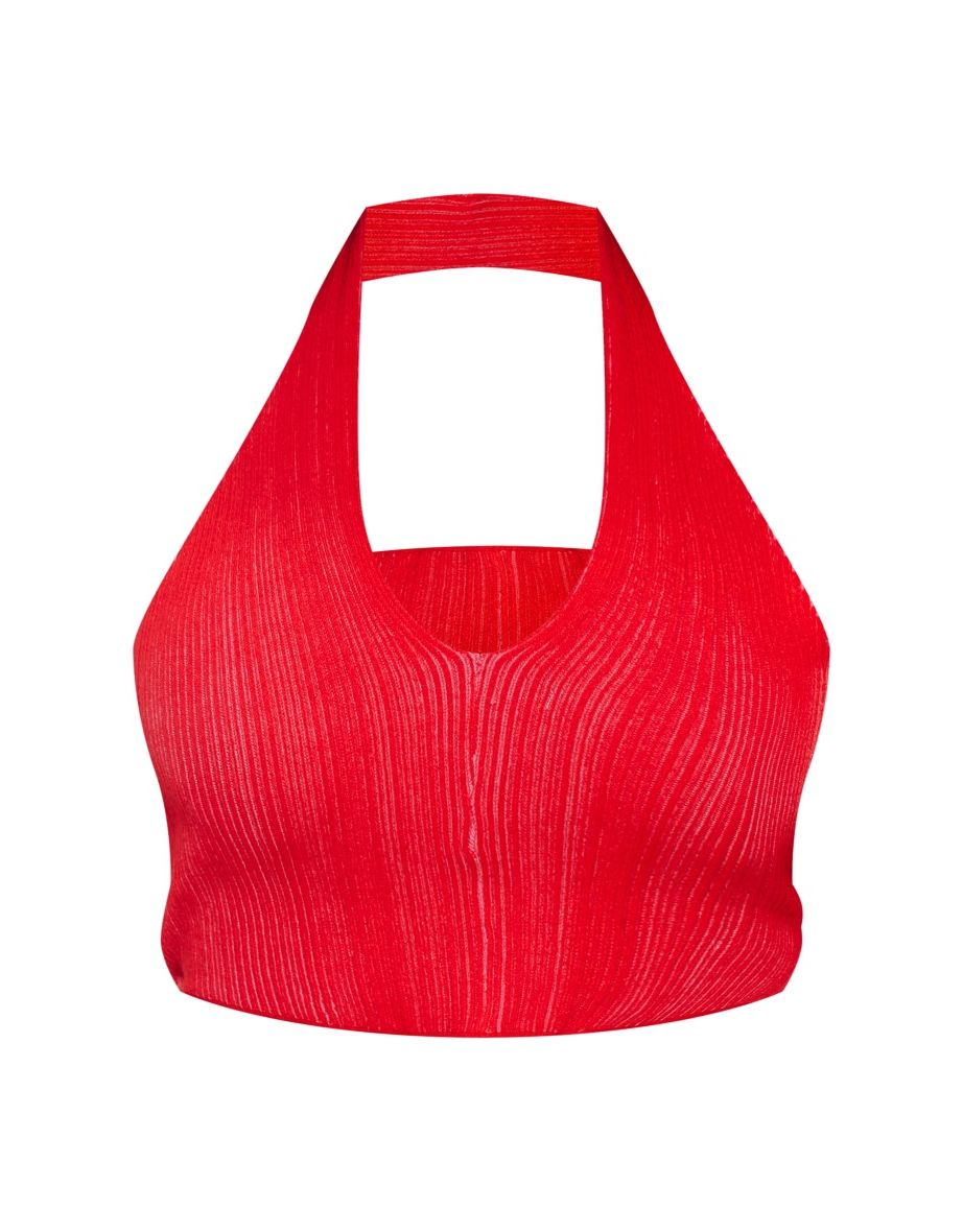 Shape Red Knit Contrast Halter Neck Crop Top - 4