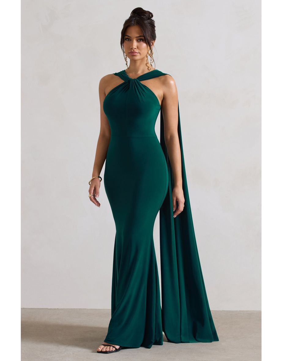 First Glance | Bottle Green Twist-Neck Cape Maxi Dress - 4