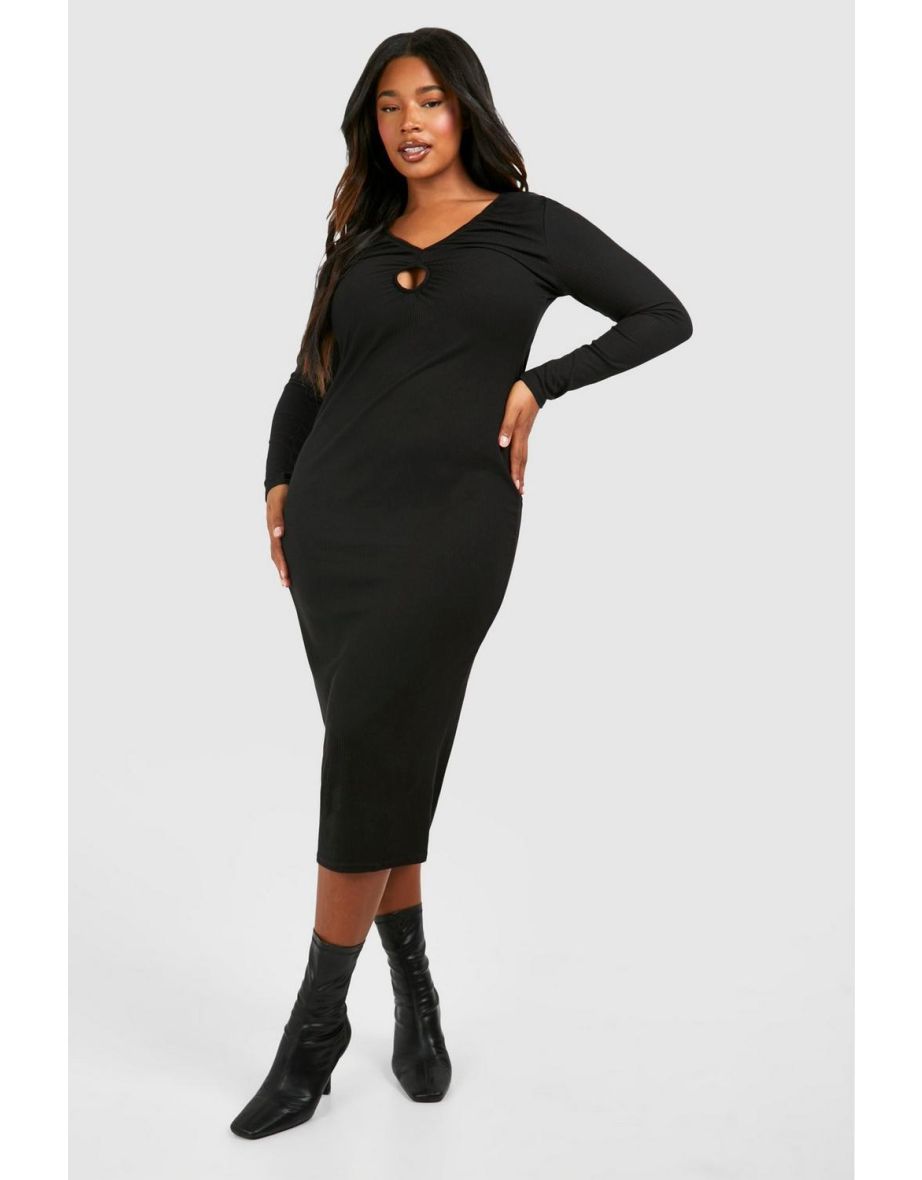 Plus Rib Key Hole Detail Long Sleeve Midaxi Dress - black