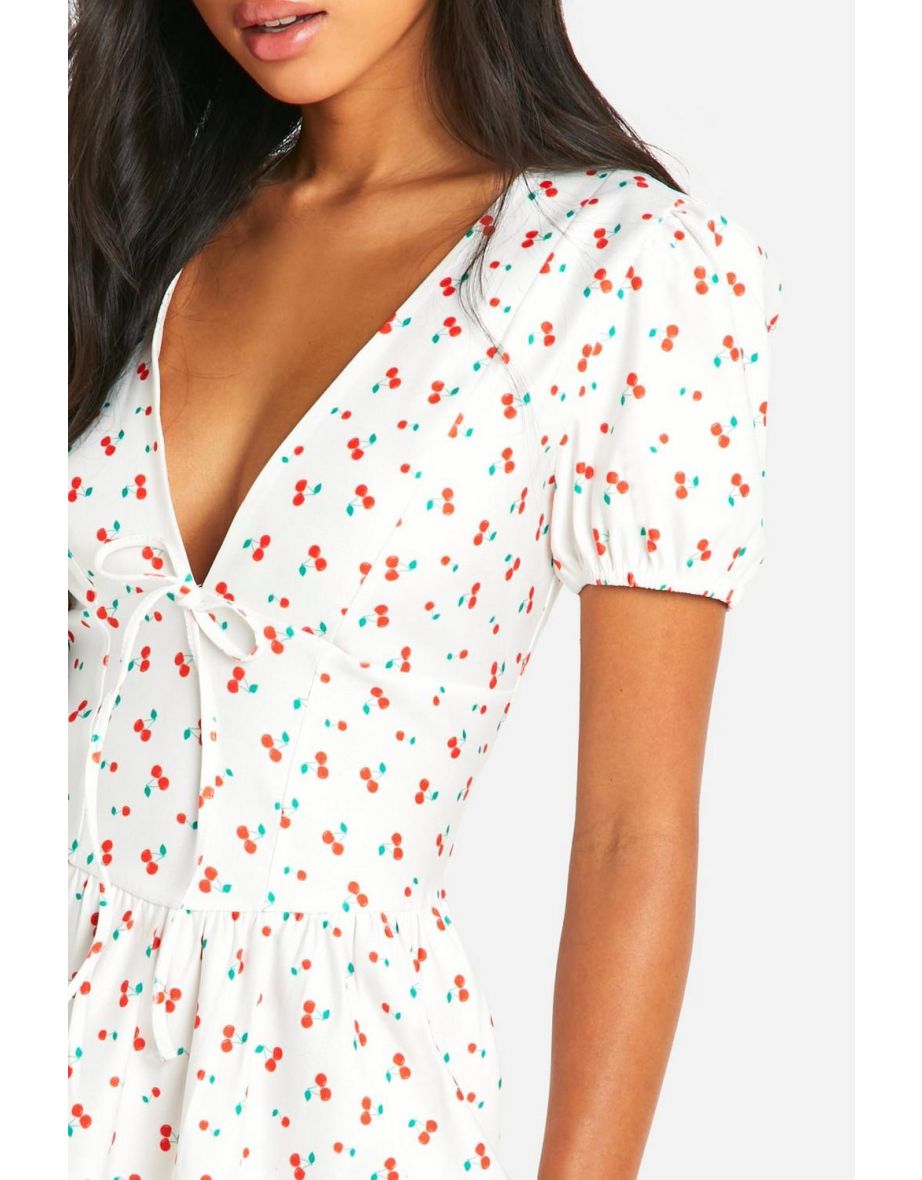 Cherry Tie Back Milkmaid Mini Dress - white - 3