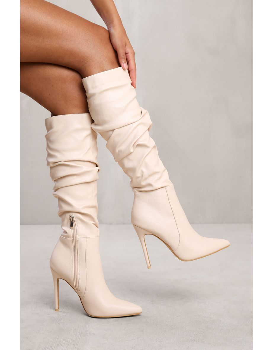 ALESSIA BELOW KNEE HIGH HEEL SLOUCH BOOT IN CREAM FAUX LEATHER