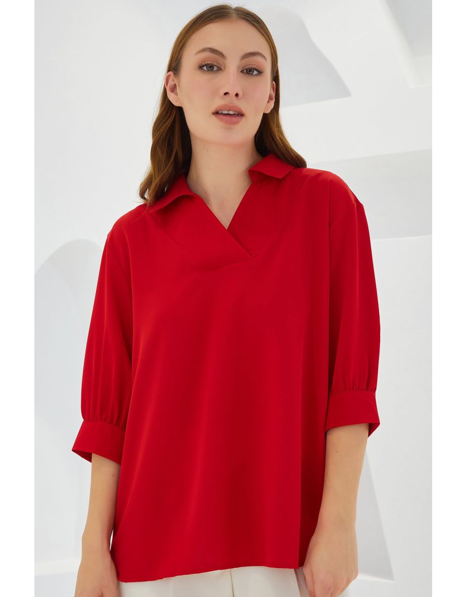 Women's Red Shirt Collar Satin Blouse
