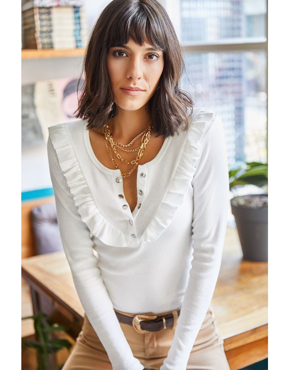 Women's Ecru Frilled Pops Camisole Blouse
