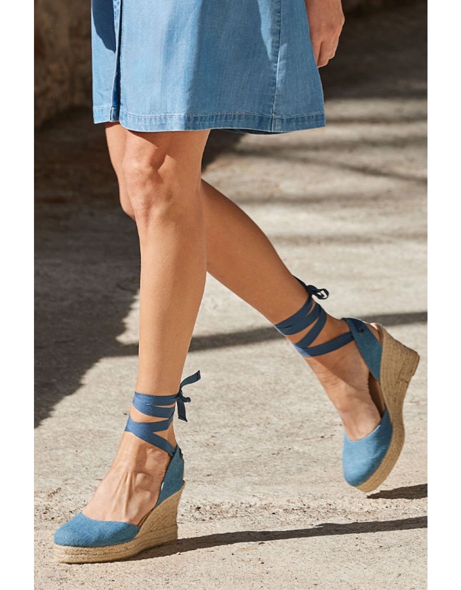 Indigo Blue Denim Ankle Tie Wedge Espadrilles