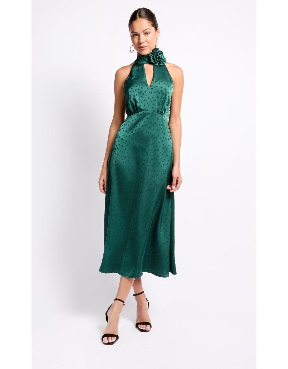 Green Satin Rosette Midaxi Dress