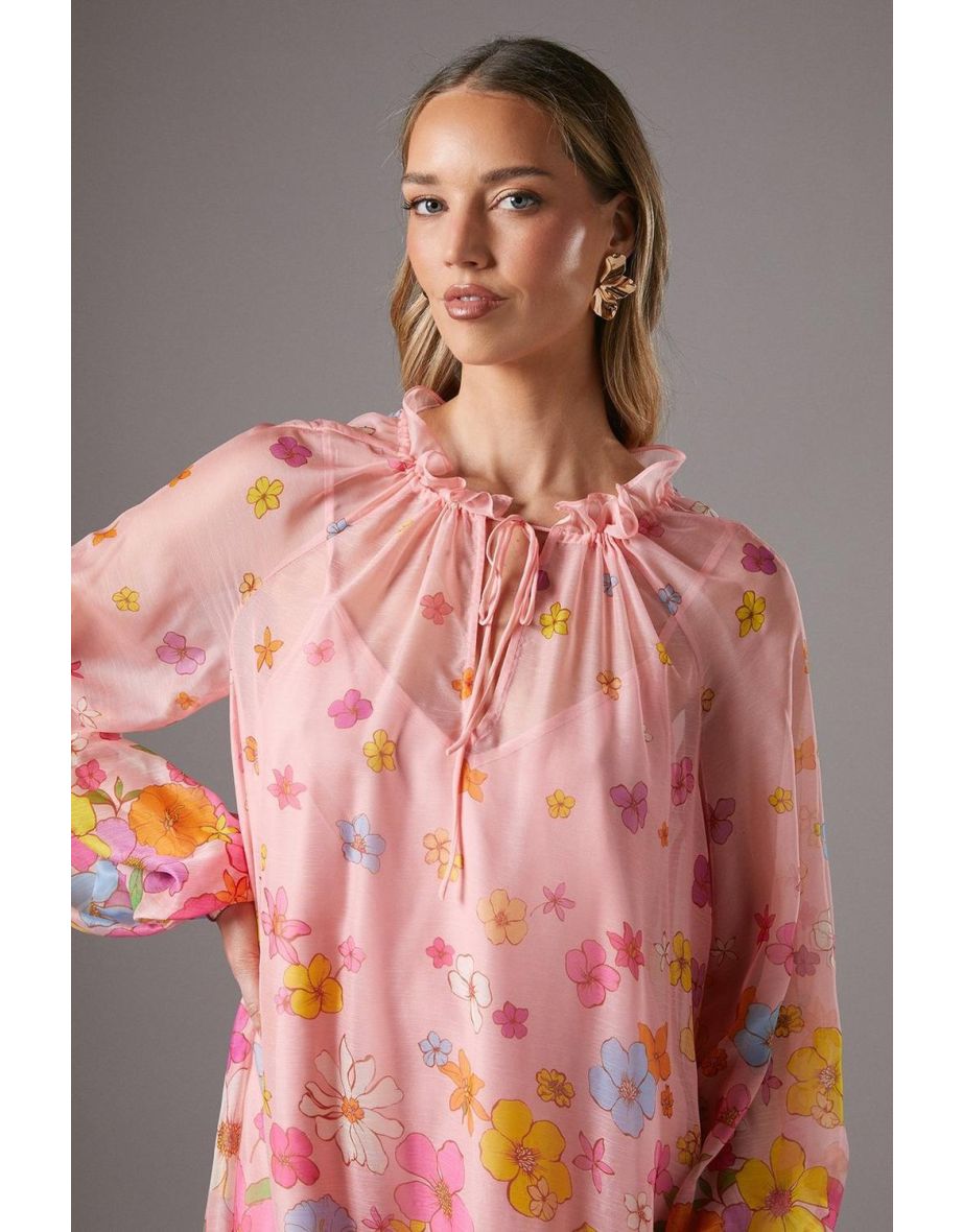 Volume Chiffon Tie Neck Midi Dress - 3