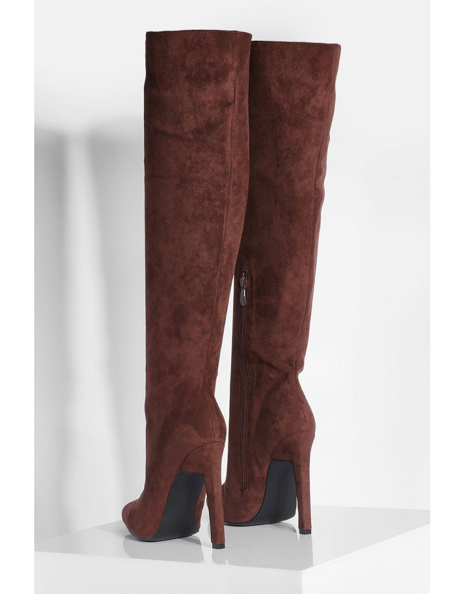 Skinny Block Heel Pointed Toe Knee High Boots - chocolate - 3