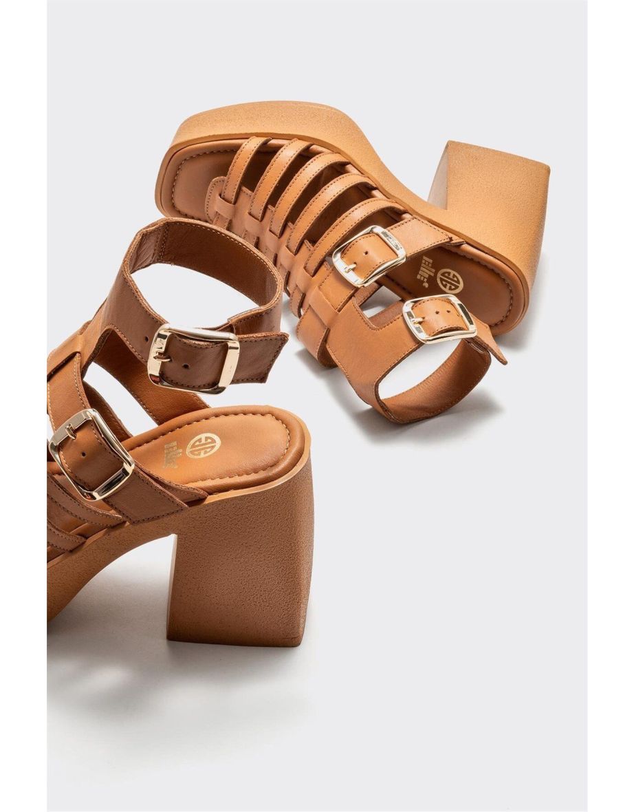 Tan Leather Women's Heeled Sandals - 3