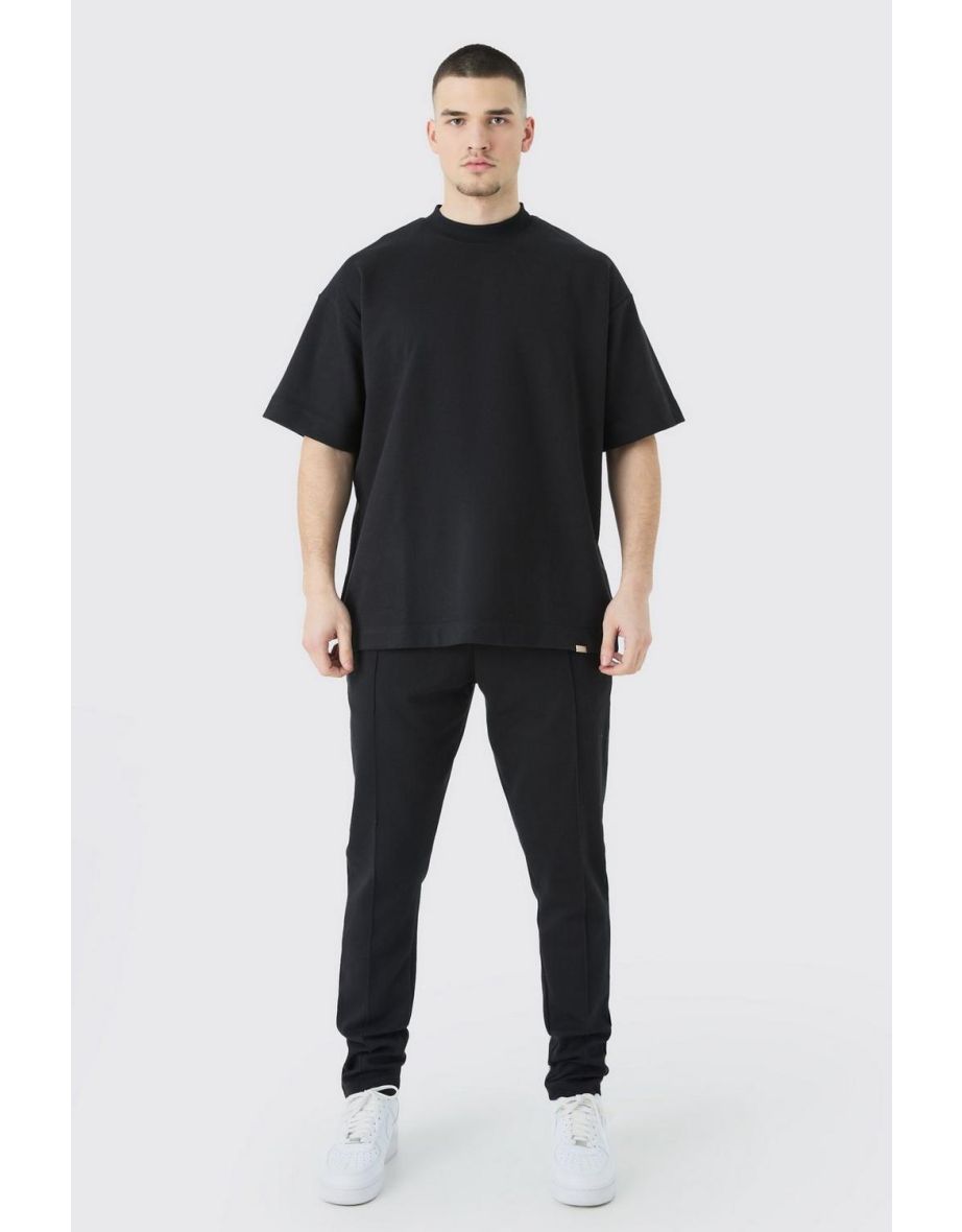 Tall Oversized T-shirt & Taper Jogger Interlock Set - black