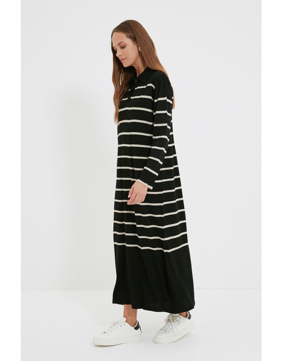 Black Polo Neck Striped Sweater Dress - 4