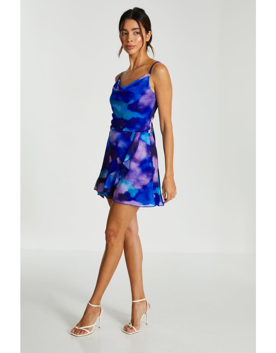 Blue Abstract Print Cowl Neck Mesh Playsuit