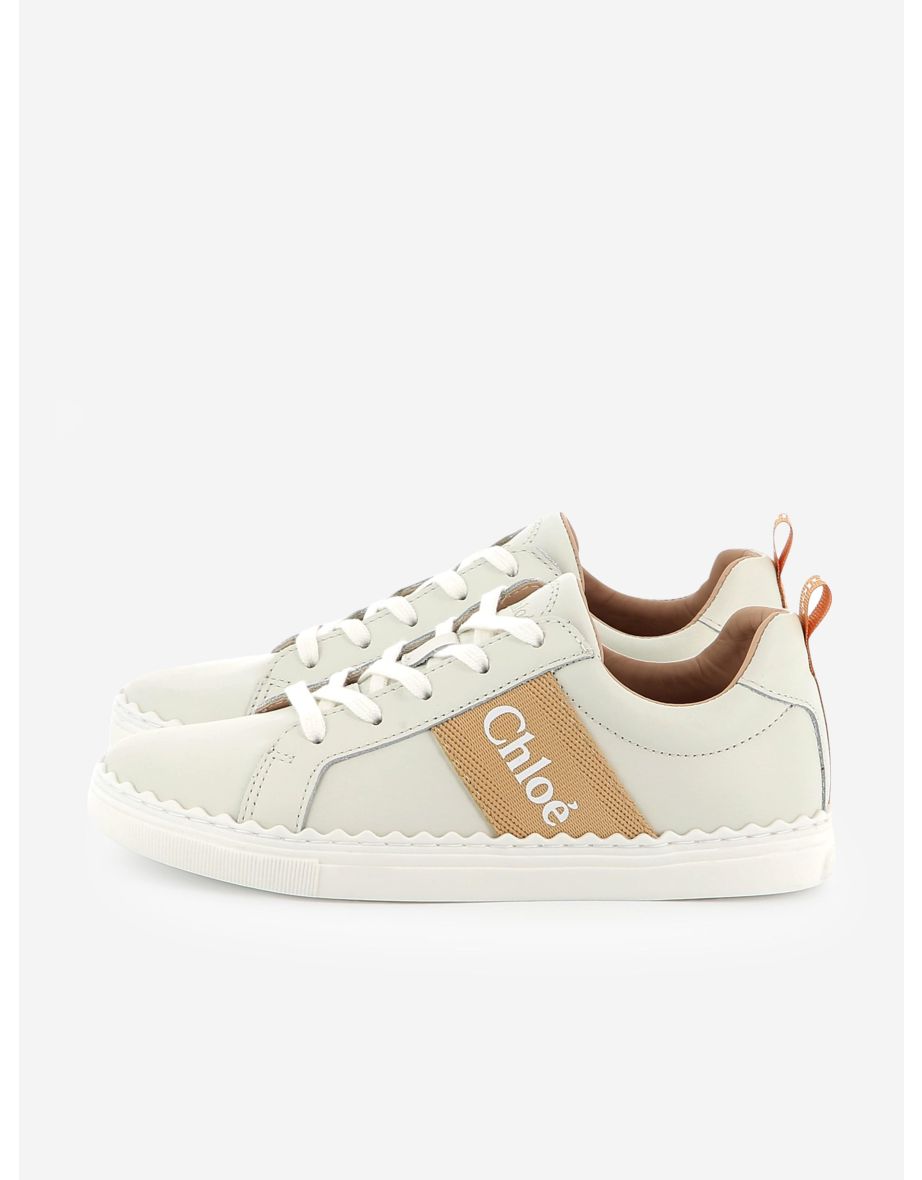 Chloé Girls Leather Logo Trainers in Beige
