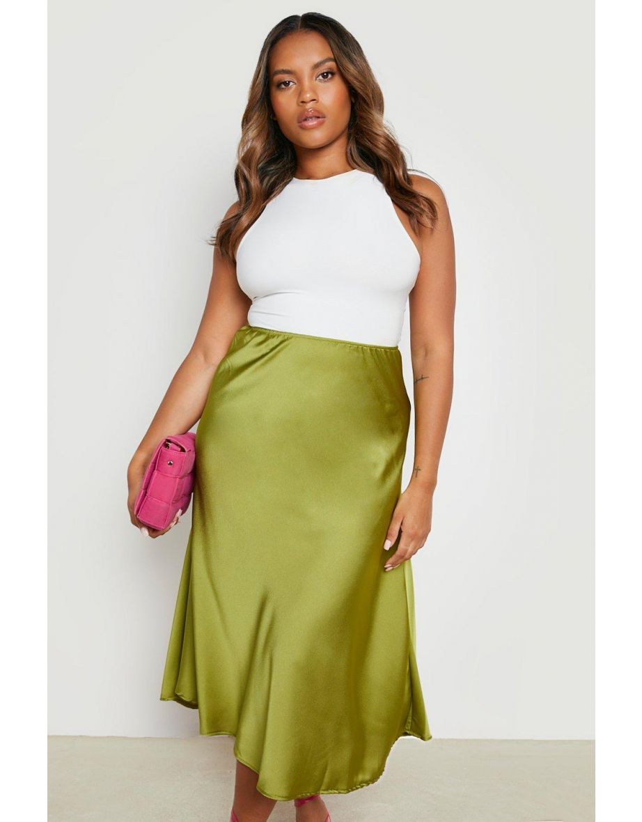 Plus Satin Slip Midi Skirt - lime - 3