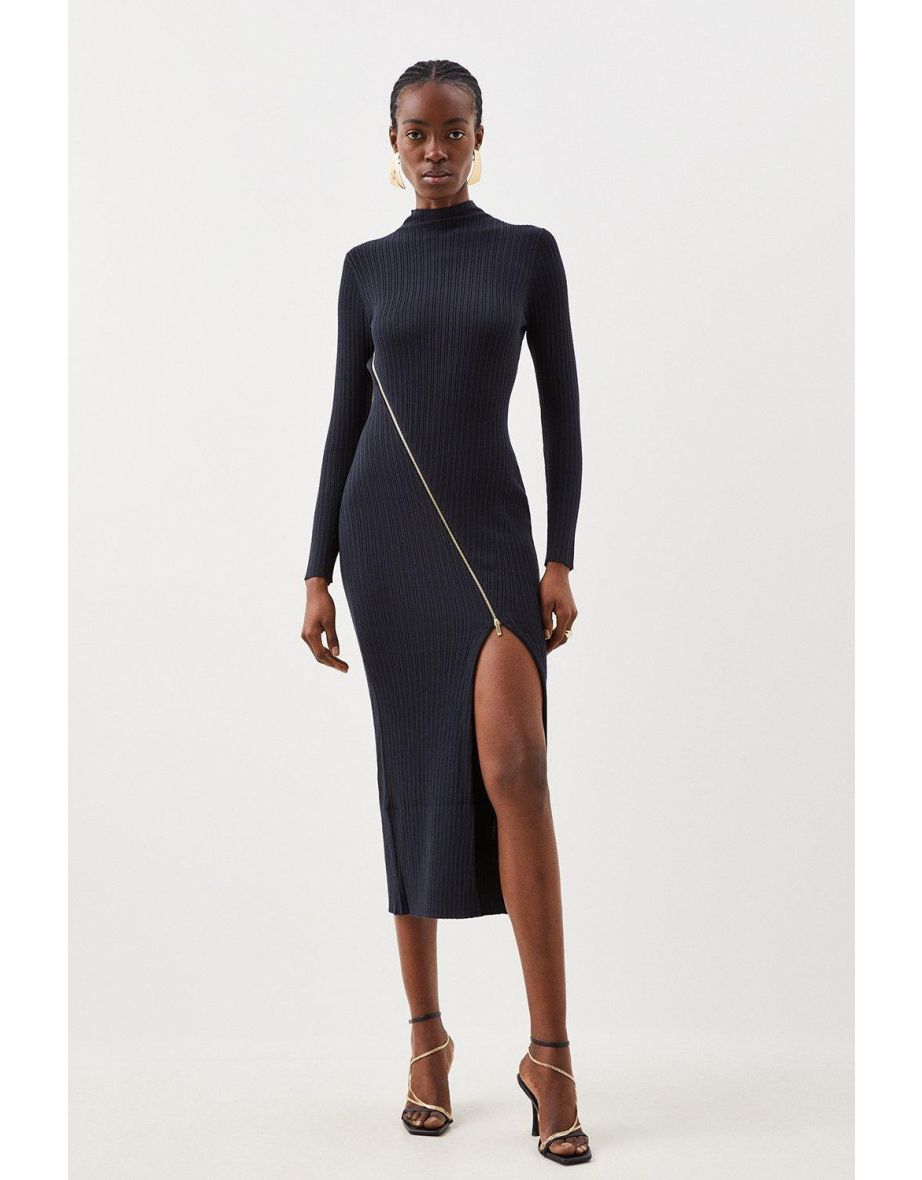 Navy Tall Column Midi Dress with Long Sleeve
