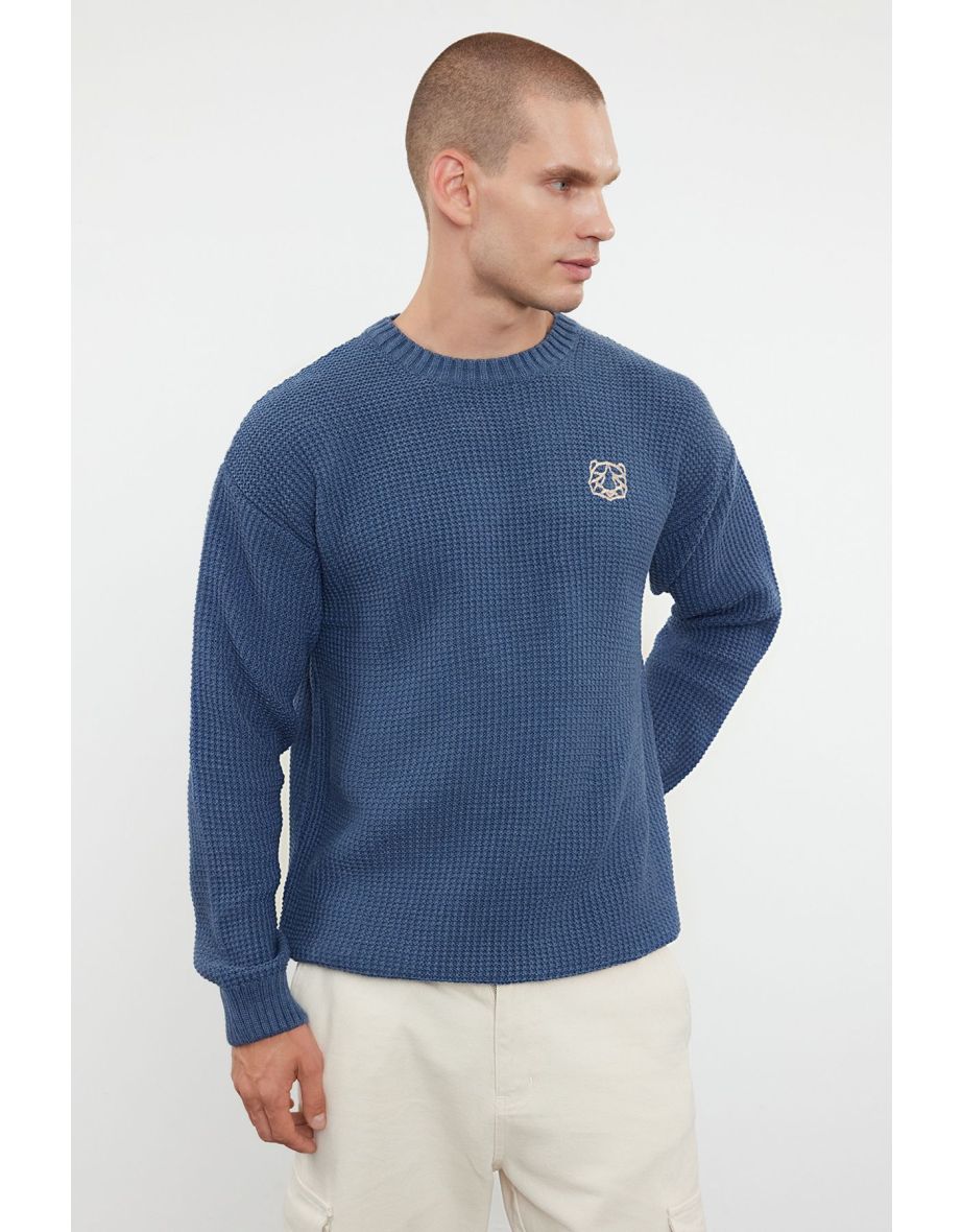 Indigo FL Men's Oversize Crew Neck Textured Knitwear Sweater