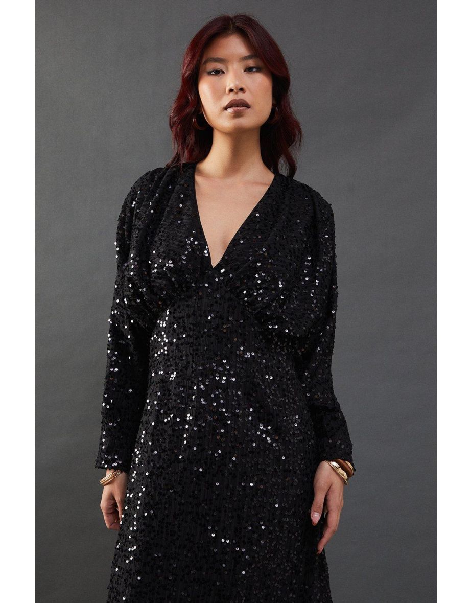 Sequin Crinkle Batwing Plunge Neck Midaxi Dress - 3