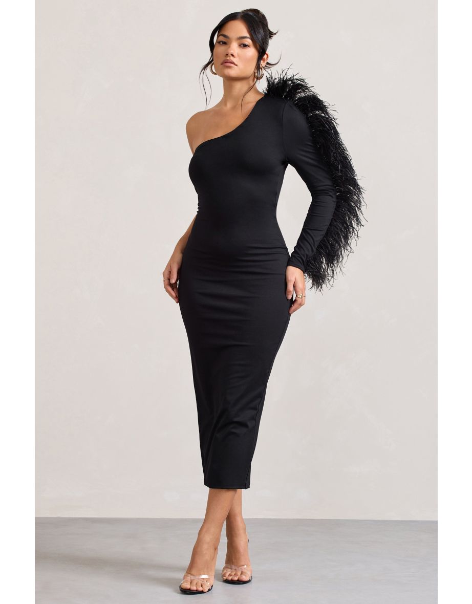 Wild One | Black One-Shoulder Bodycon Midaxi Dress With Feather-Trimmed Sleeve - 4