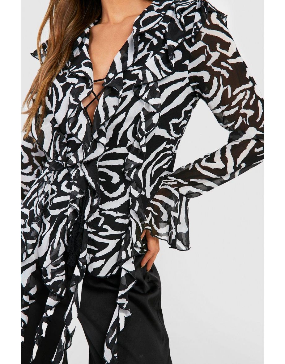 Zebra Ruffle Boho Top - black - 3