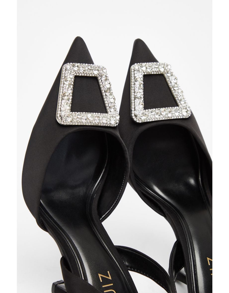 Black Satin Brooch Court Heels - 4