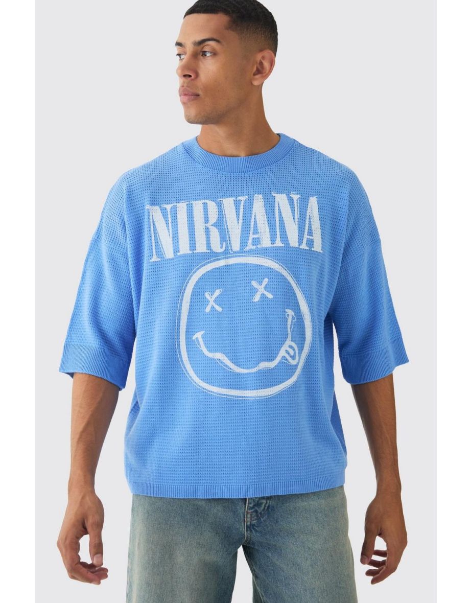 Oversized Open Stitch Nirvana Printed Knitted T-shirt - light blue