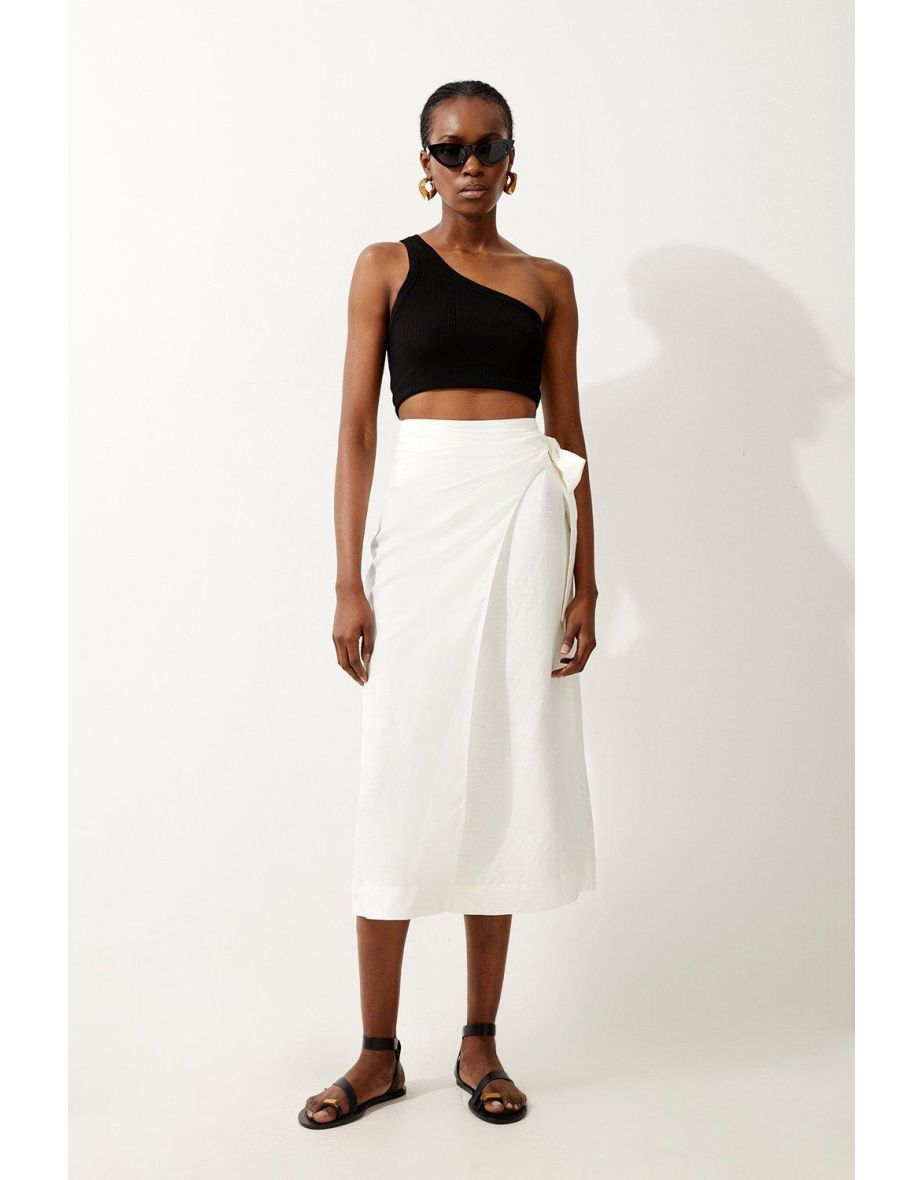 Shop Petite Viscose Linen Woven Tie Wrap Midi Skirt Online in Bahrain VogaCloset