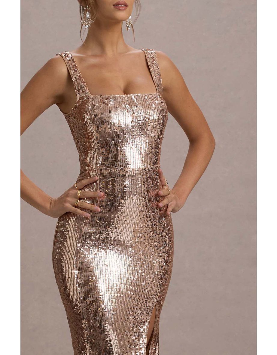 Rose Gold Sequin Square Neck Split Front Maxi Dress - 6