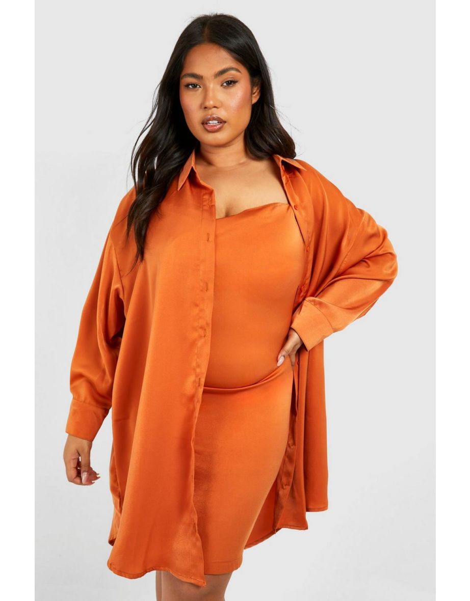 Plus Satin 2 In 1 Shirt & Satin Slip Dress - rust