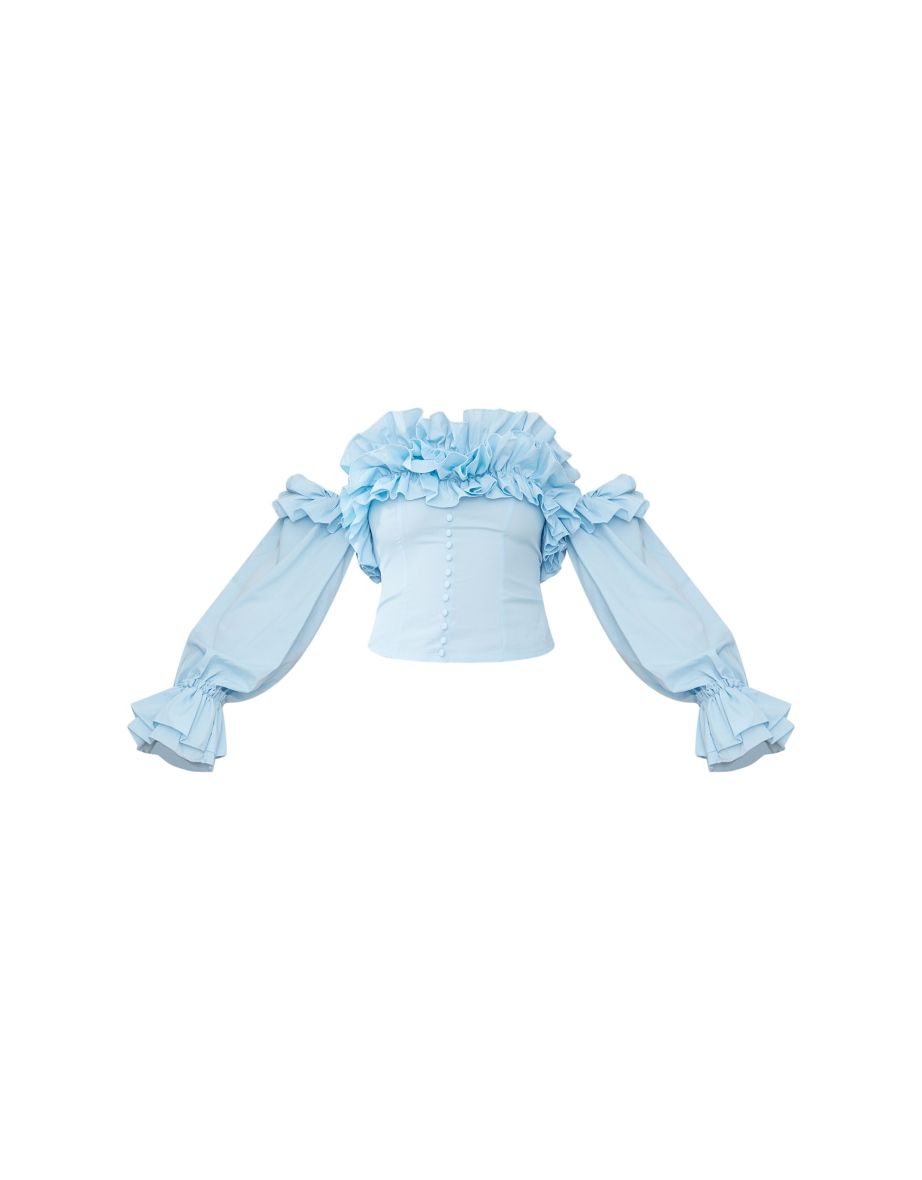 Baby Blue Ruffle Hem Off Shoulder Long Sleeve Blouse - 4