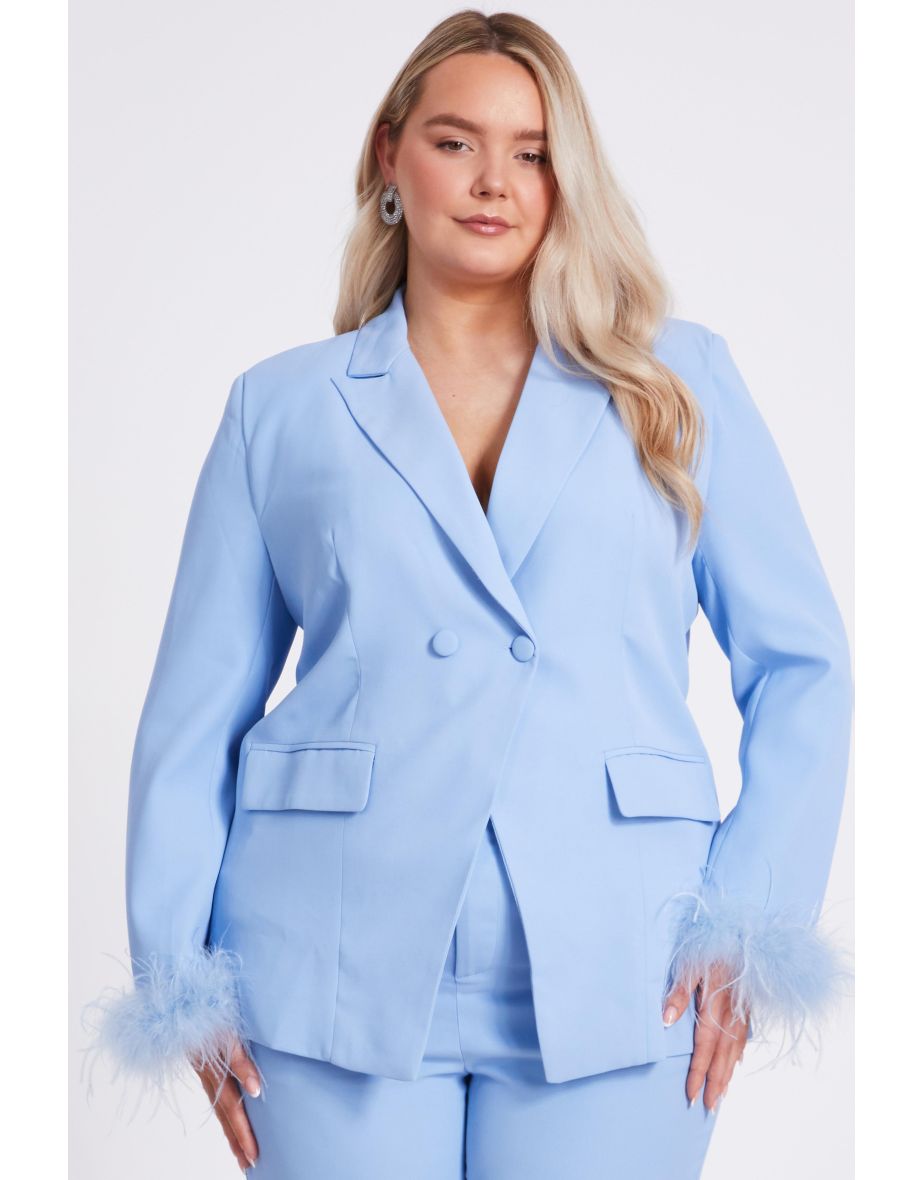 Curve Light Blue Feather Trim Blazer