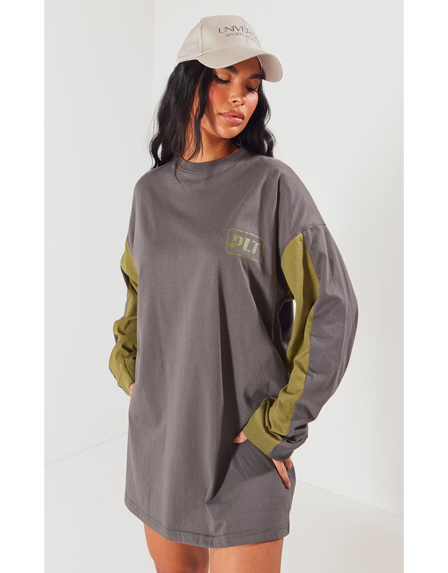 PRETTYLITTLETHING Charcoal Long Sleeve Contrast T Shirt Dress
