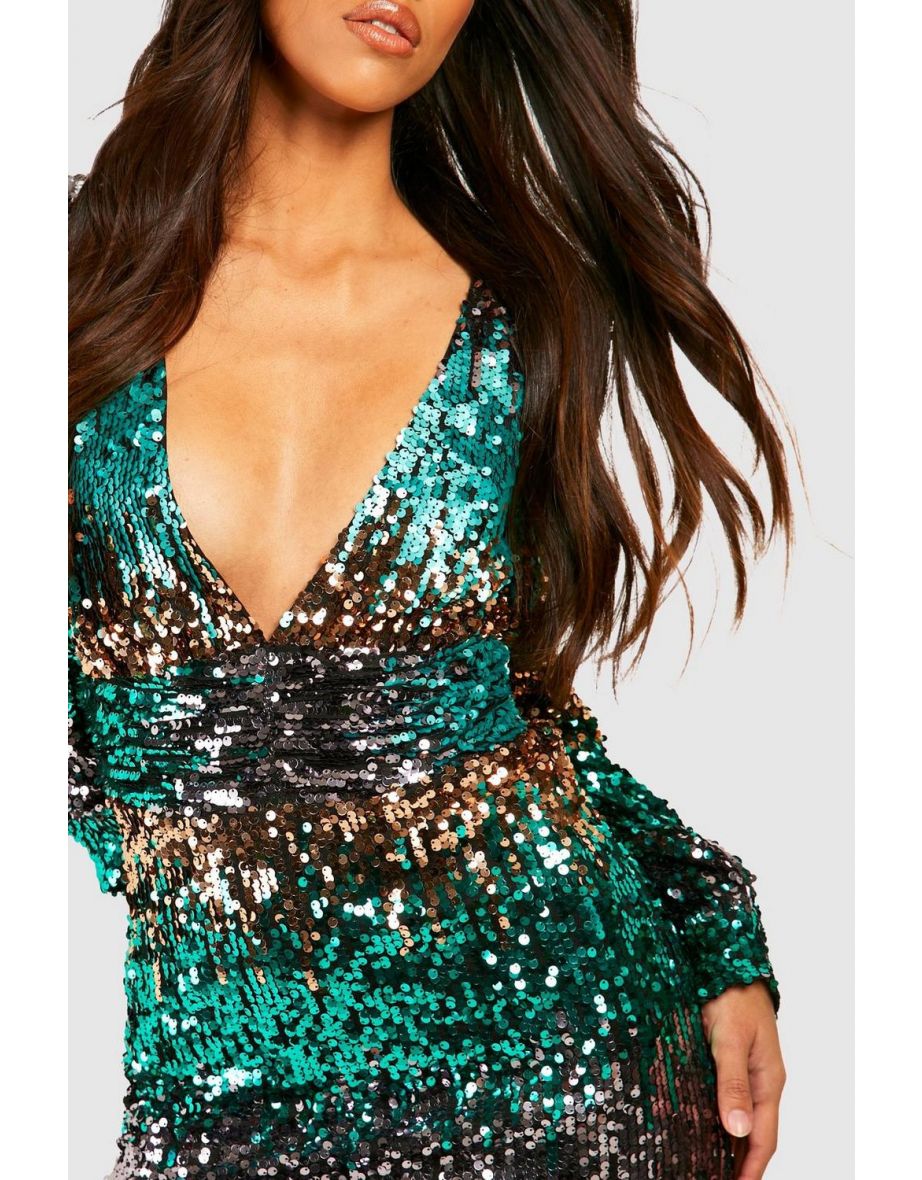Tall Ombre Stripe Sequin Plunge Dress - turquoise - 3