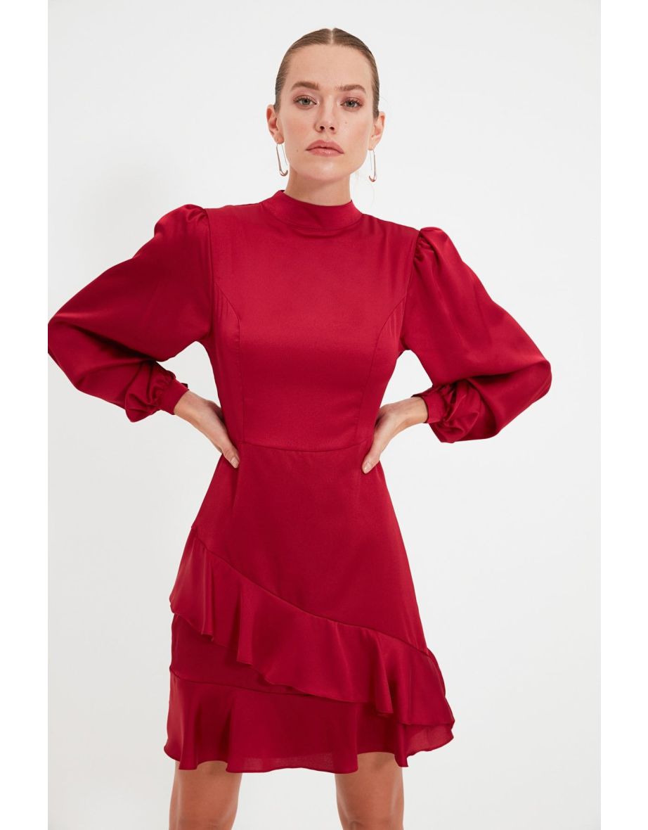 Burgundy Flounce Detailed Mini Woven Dress