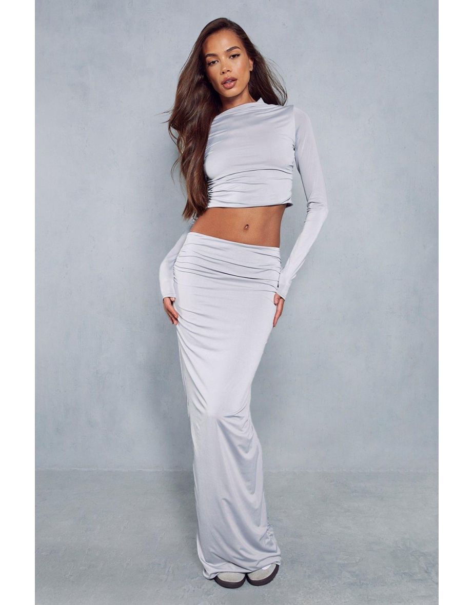 Grey Slinky Ruched Crop Top And Shorts Co-Ord