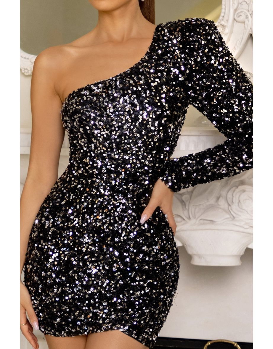 Spark | Black Sequin One Shoulder Mini Dress With Sleeve And Wrap Skirt - 6