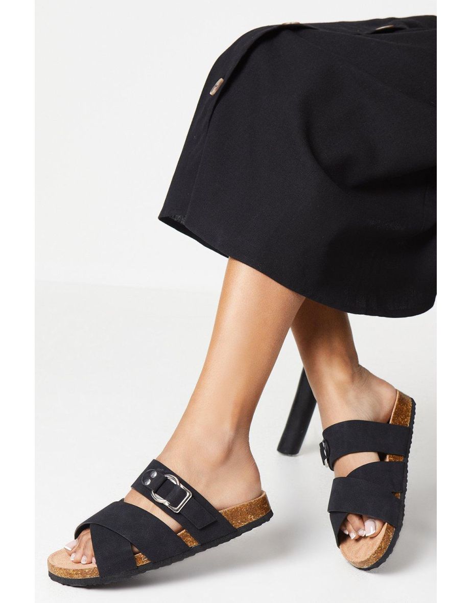 Bethany Cross Strap Buckle Detail Slider Footbed Sandals