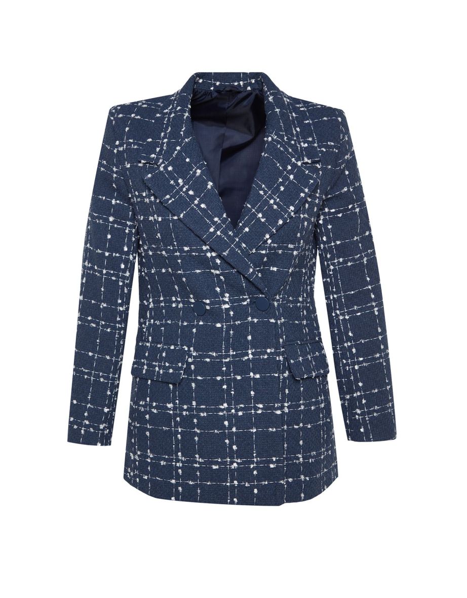 Navy Tweed Regular Woven Plaid Blazer Jacket - 7