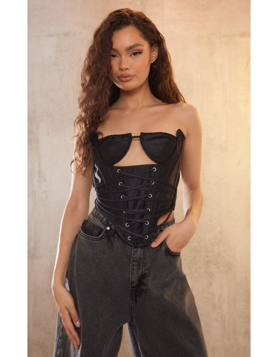 Black Satin Cup Detail Corset Top