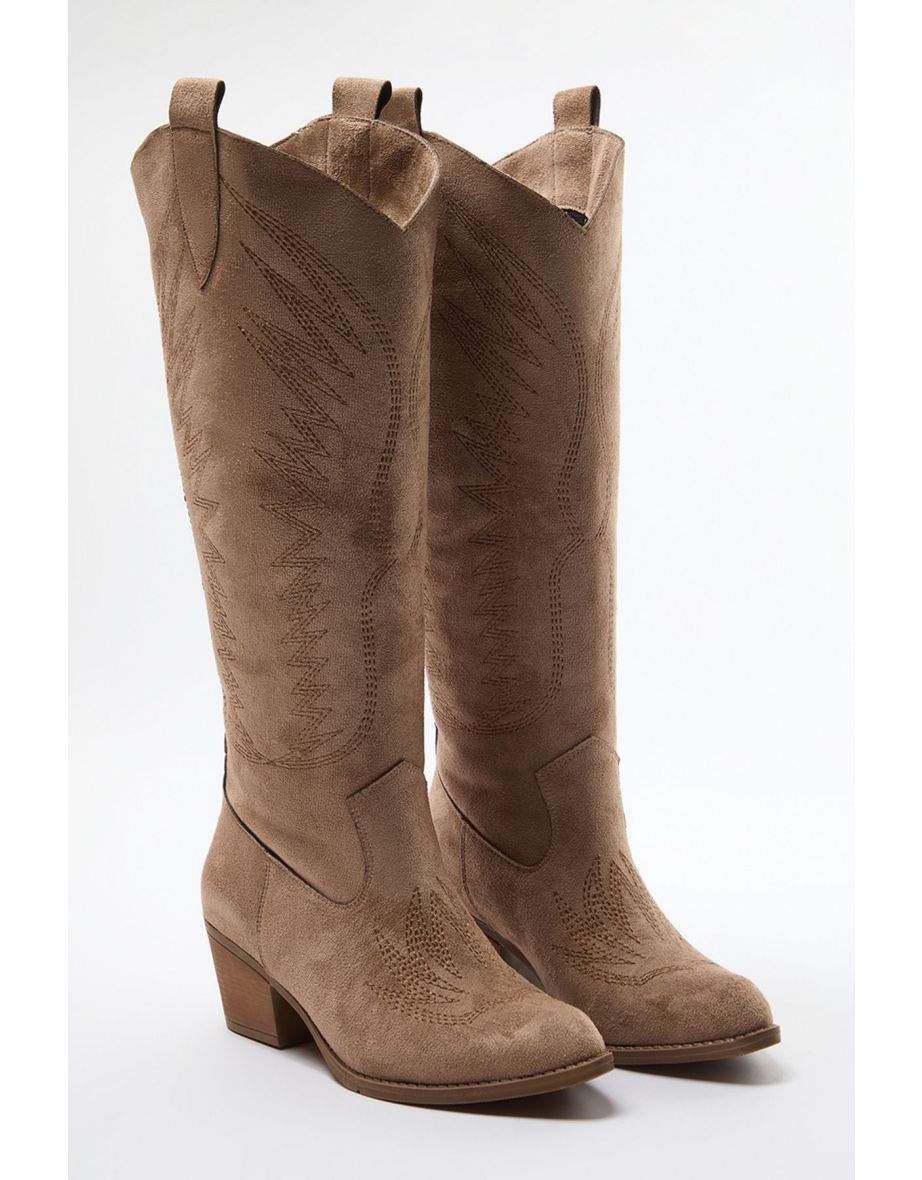 Mink Embroidered Short Block Heeled Suede Cowboy Boots