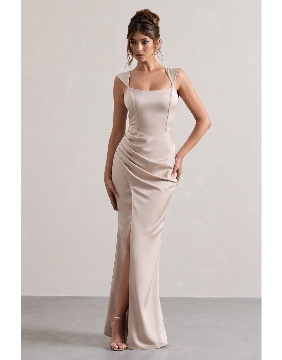 A Romantic | Champagne Satin Corset Wrap Maxi Dress