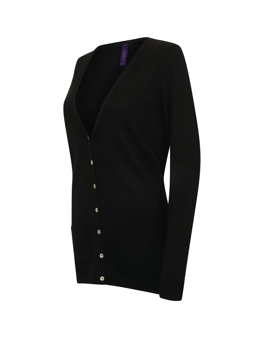 Henbury Ladies/Womens V-Neck Button Fine Knit Cardigan - Black - 3