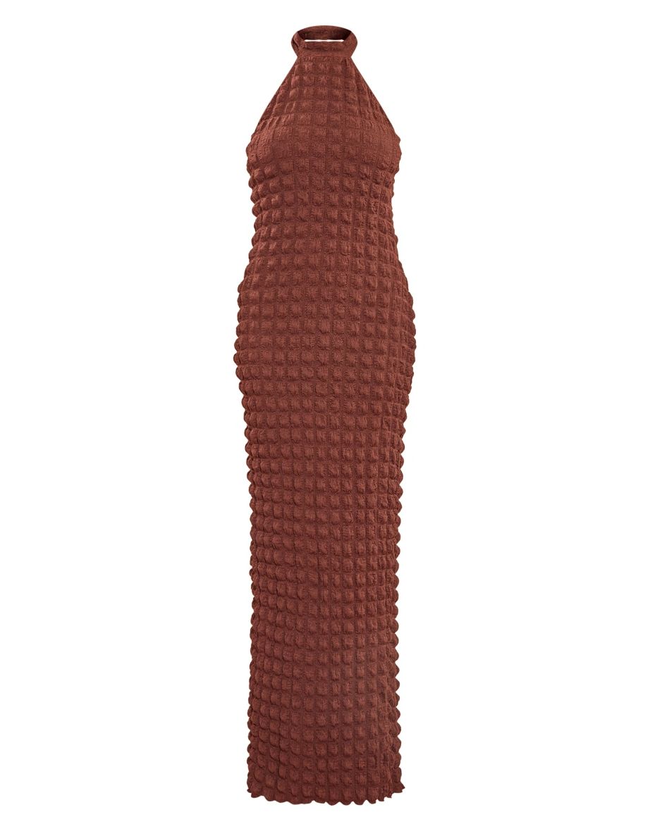 Chocolate Bubble Textured Halter Maxi Dress - 4